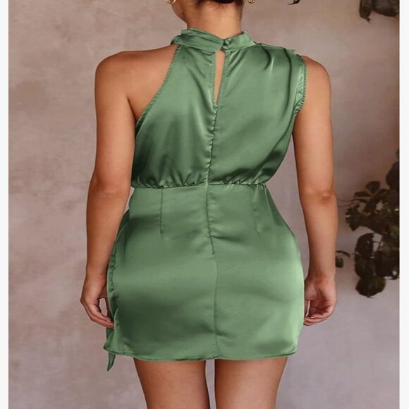 NWT PRETTYGARDEN Women's Formal Satin Dress Sleeveless Mock Neck Tie Waist, L - Picture 5 of 8